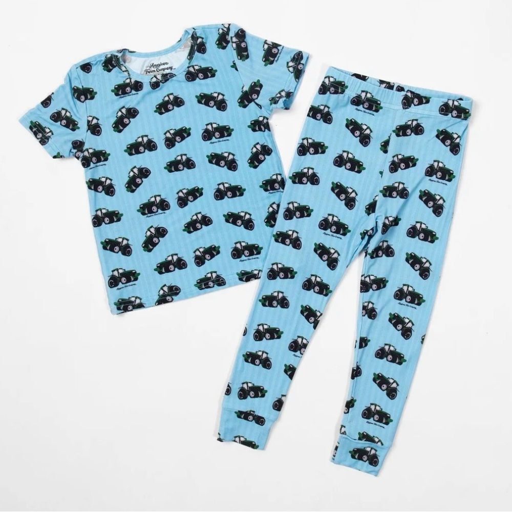 American Farm Company Big Green Tractor Bamboo Pajama Set Blue YL NWT